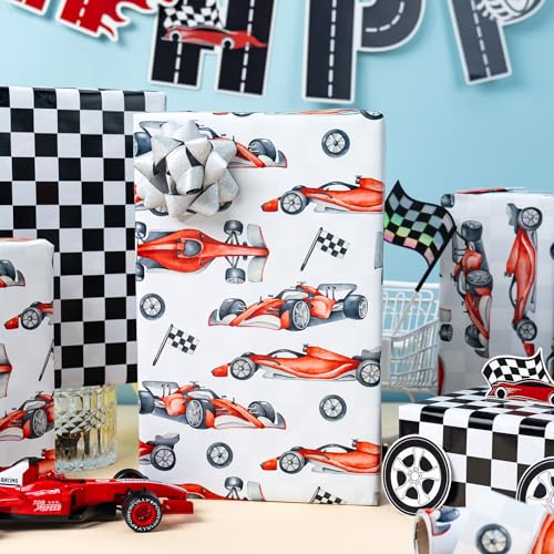 Merture Boys Race Car Wrapping Paper Roll - 17 In X 16.4 Ft(23.3 sqft) - Reversible Gift Wrap Paper with Black & White Checkered Flag Design for Baby Shower, Kids Boys Birthday, Party - Image 2