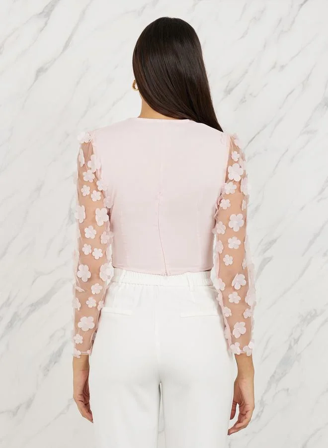 Styli Floral Applique Sheer Sleeves Gathered Detail Crop Top