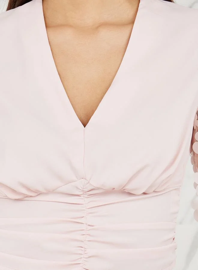 Styli Floral Applique Sheer Sleeves Gathered Detail Crop Top
