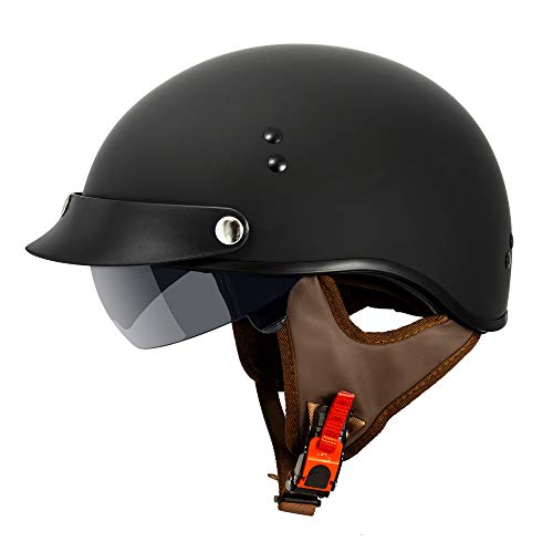 VCAN Cruiser Solid Flat Black Half Face Motorcycle Helmet with Drop-Down Sun Visor, Removable Peak and Quick Release Buckle (X-Small) - Image 1
