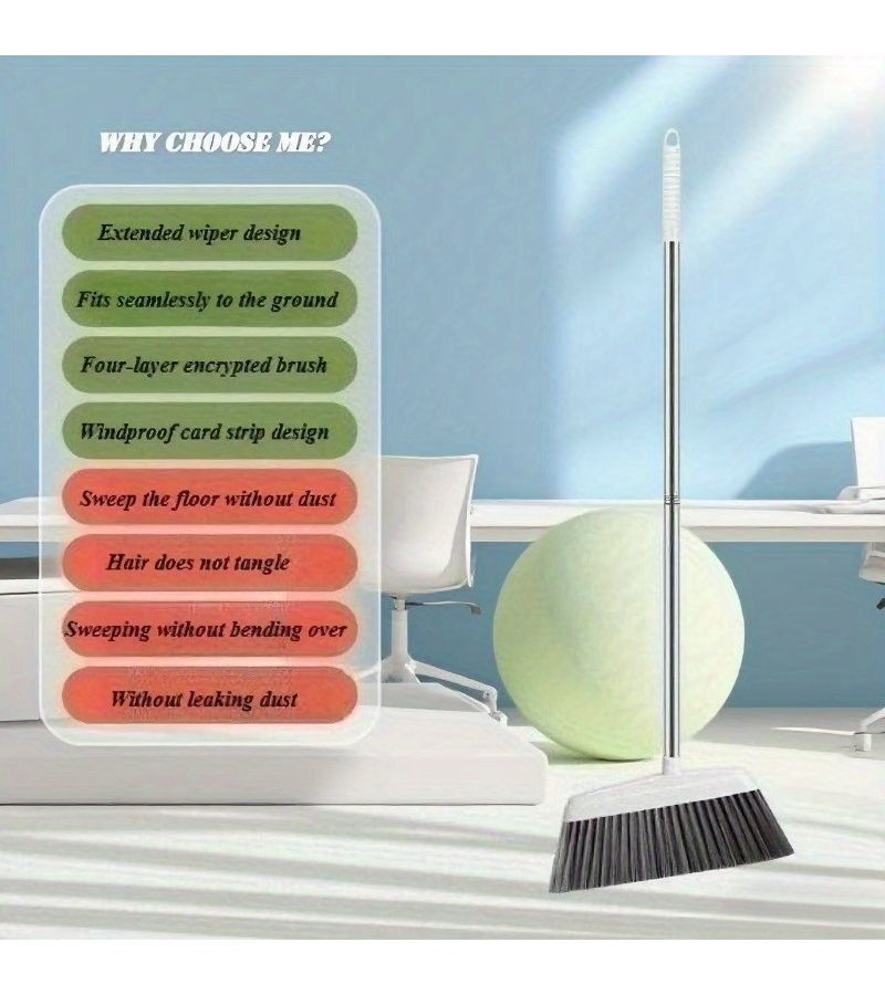 2 Piece Set Heavy Duty Commercial Residential Extended Squeegee Broom With One Replacement Head 4 Layer Windproof Bristles Non Shedding Broom Suitable For Hard Floors Home Office Warehouse Factory - Image 1