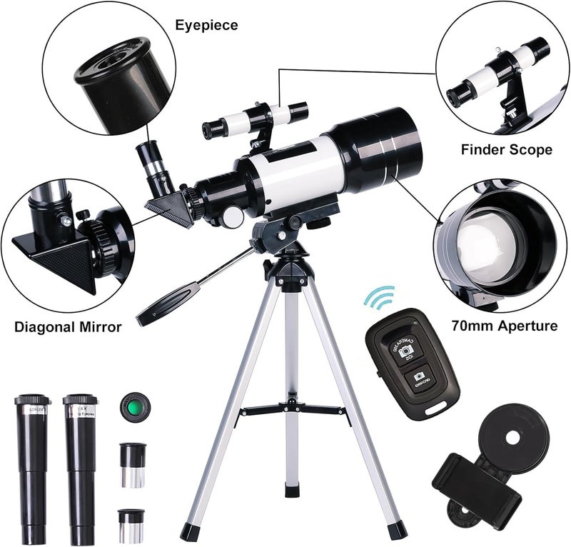ToyerBee Telescope for Adults & Kids, 70mm Aperture Refractor (15X-150X) Portable Travel Telescope with Phone Adapter & Wireless Remote, Astronomy Beginners Gifts, Black - Image 2
