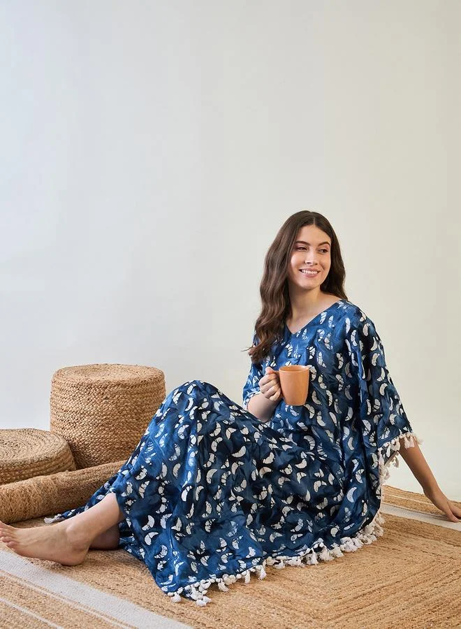 Take Two Blue Batik Cotton Kaftan with White Tassel Trim By The Kaftan Company