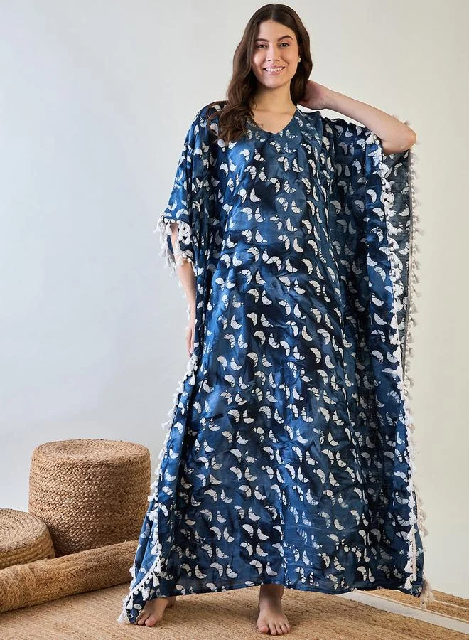 Take Two Blue Batik Cotton Kaftan with White Tassel Trim By The Kaftan Company