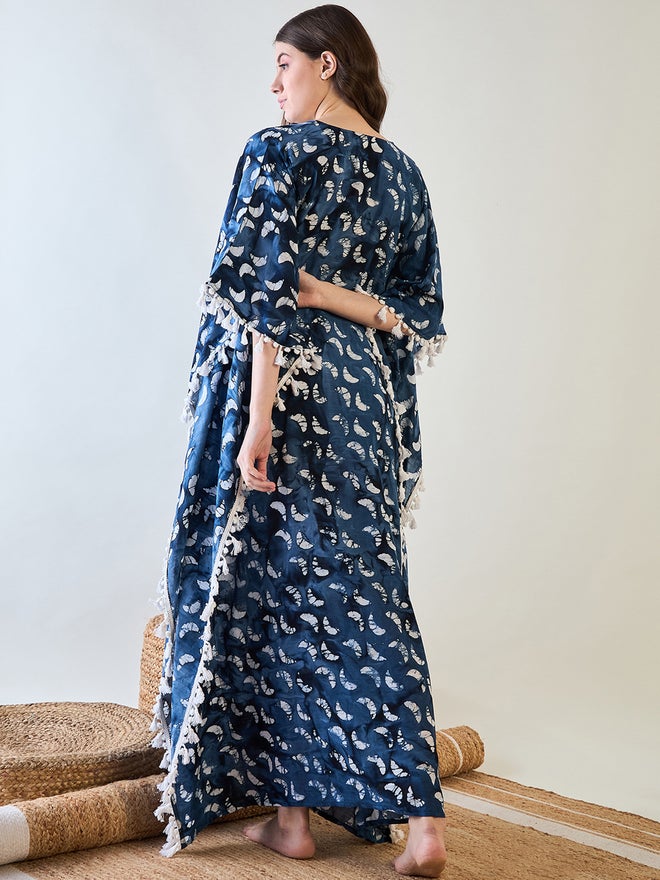 The Kaftan Company Blue Batik Cotton Kaftan with White Tassel Trim - Image 5