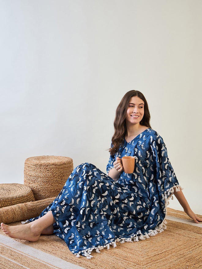 The Kaftan Company Blue Batik Cotton Kaftan with White Tassel Trim - Image 2
