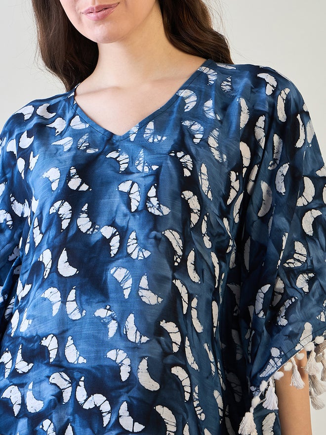 The Kaftan Company Blue Batik Cotton Kaftan with White Tassel Trim - Image 4