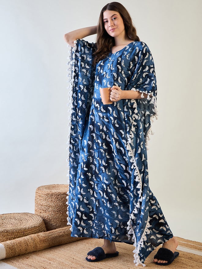 The Kaftan Company Blue Batik Cotton Kaftan with White Tassel Trim - Image 3
