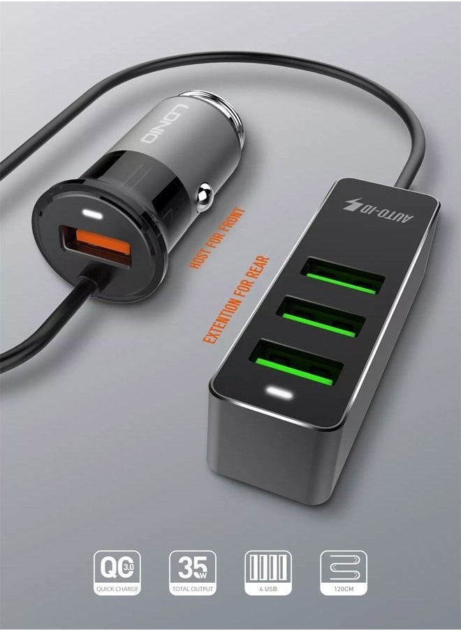 LDNIO شاحن سيارة سريع ذكي C61 مزود بـ 4 منافذ USB وQC3.0 وقوة 35 وات، أسود  - Image 1