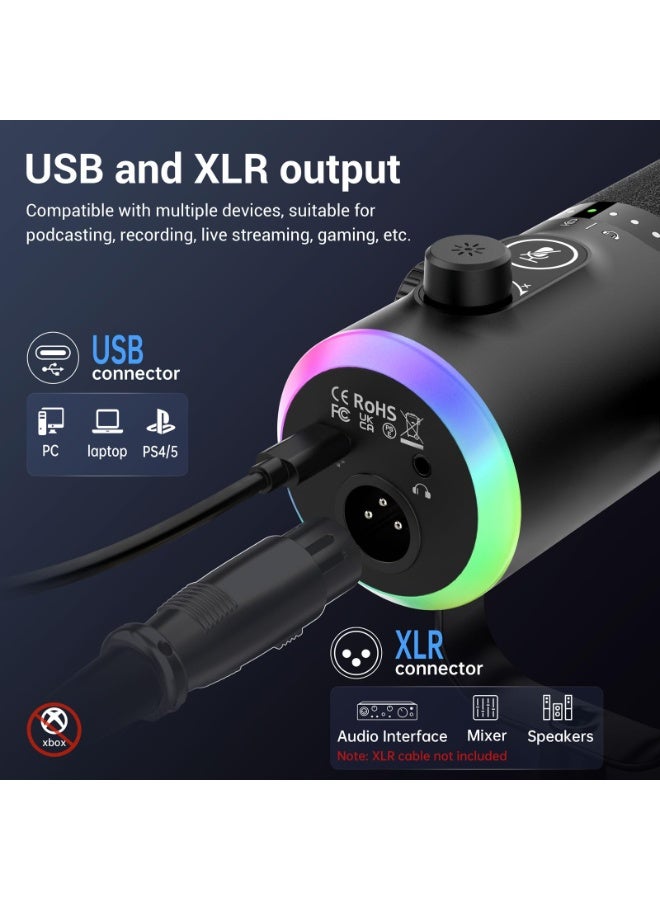 Joshberg Dynamic Gaming Microphone kit USB/XLR Podcast Computer Microphone with Boom arm Stand RGB Light Mute Button Headphone Jack for Gamer Streaming Recording - Image 3