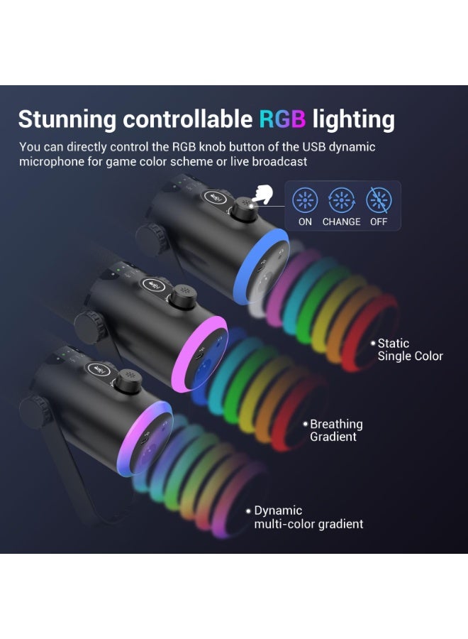 Joshberg Dynamic Gaming Microphone kit USB/XLR Podcast Computer Microphone with Boom arm Stand RGB Light Mute Button Headphone Jack for Gamer Streaming Recording - Image 4