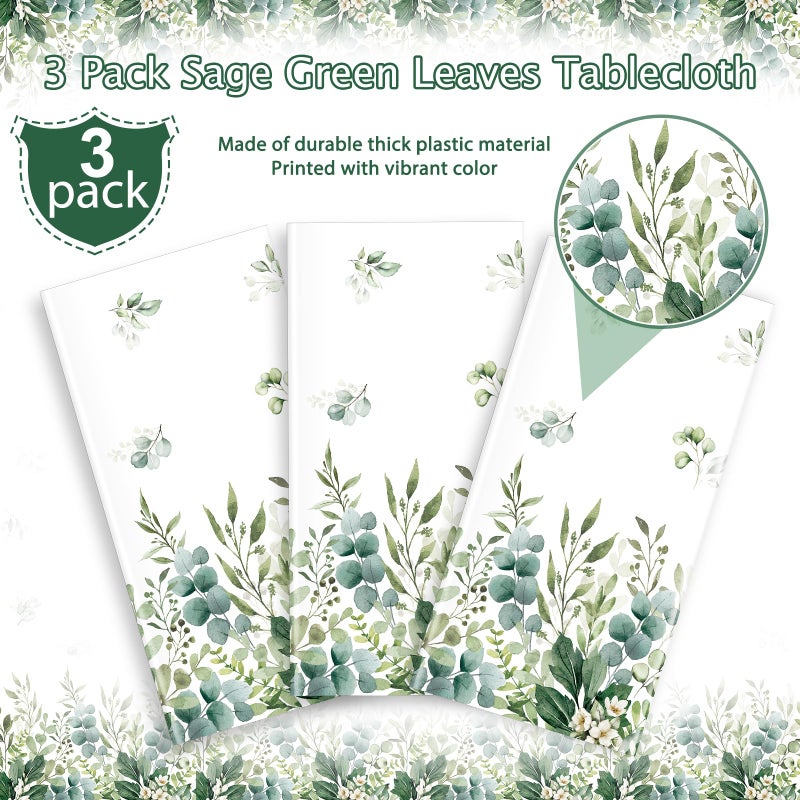 FunnyPars 3 Pack Spring Sage Green Baby Shower Plastic Tablecloth, Eucalyptus Leaf Disposable Table Cover, Summer Rectangle Table Cloth for Bridal Baby Shower Birthday Wedding Party Decorations, 54x108 Inch - Image 4