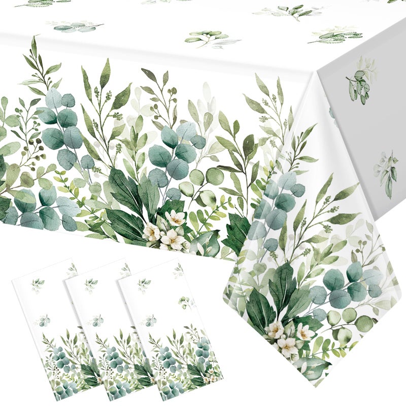 FunnyPars 3 Pack Spring Sage Green Baby Shower Plastic Tablecloth, Eucalyptus Leaf Disposable Table Cover, Summer Rectangle Table Cloth for Bridal Baby Shower Birthday Wedding Party Decorations, 54x108 Inch - Image 1