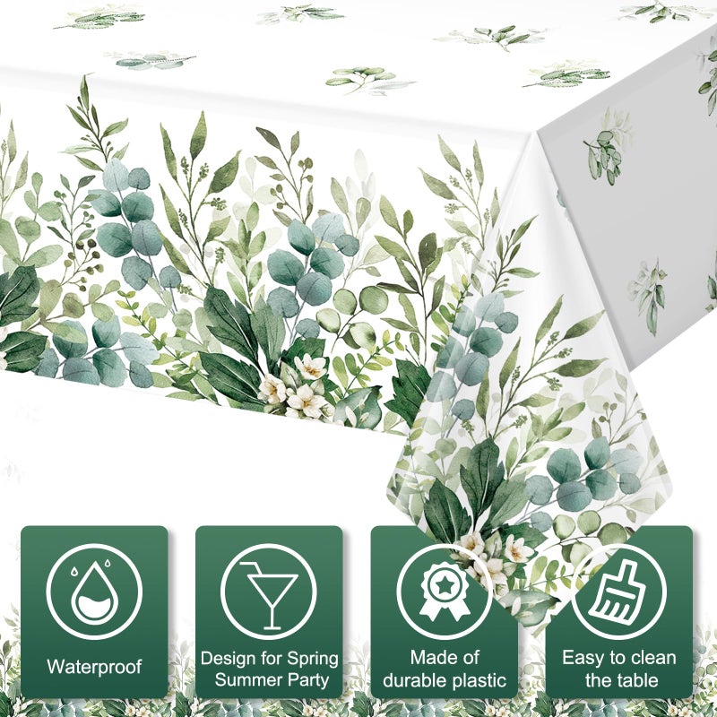 FunnyPars 3 Pack Spring Sage Green Baby Shower Plastic Tablecloth, Eucalyptus Leaf Disposable Table Cover, Summer Rectangle Table Cloth for Bridal Baby Shower Birthday Wedding Party Decorations, 54x108 Inch - Image 3