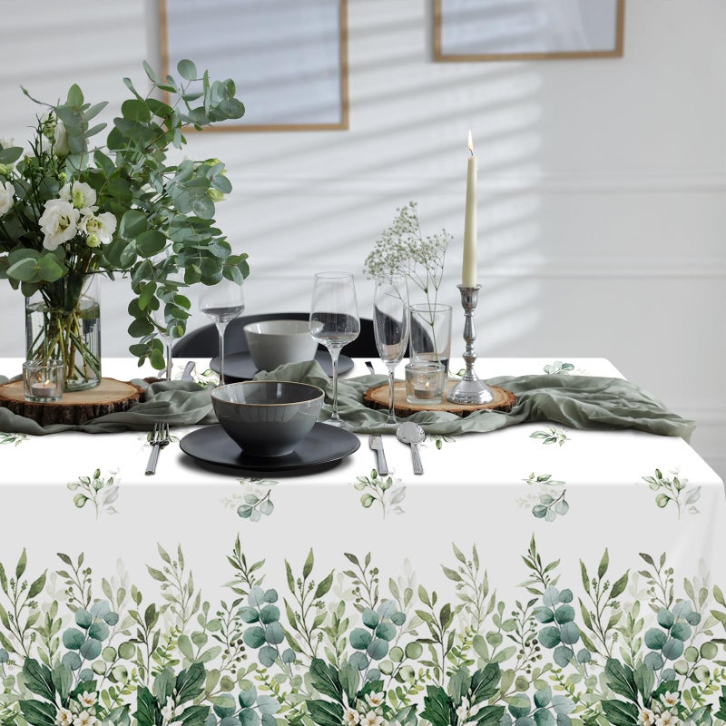 FunnyPars 3 Pack Spring Sage Green Baby Shower Plastic Tablecloth, Eucalyptus Leaf Disposable Table Cover, Summer Rectangle Table Cloth for Bridal Baby Shower Birthday Wedding Party Decorations, 54x108 Inch - Image 5