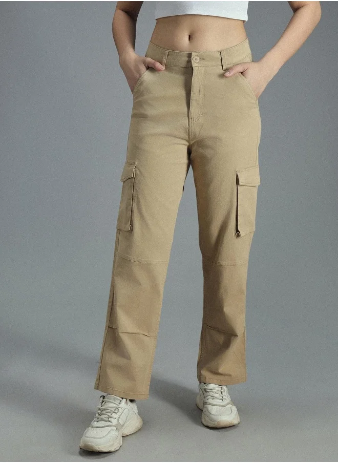 هاي ستار Women’s Relaxed Straight Fit Khaki Cargo Trousers – Casual and Practical