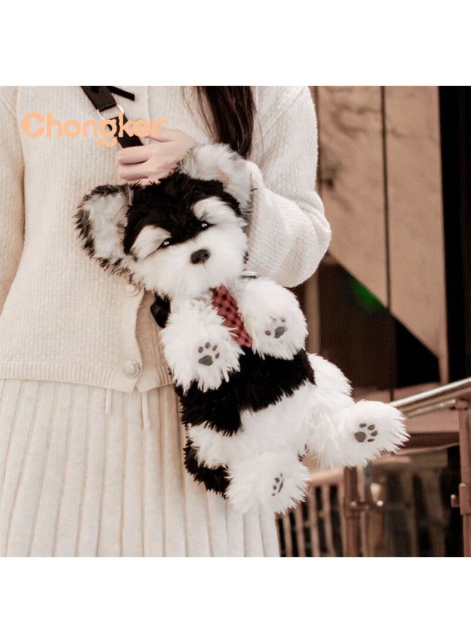 Chongker Chongke Dog Backpack Realistic Plush Toy Stuffed Animal Birthday New Year Gift, Black And Silver Schnauzer + Red Plaid Tie - Image 3
