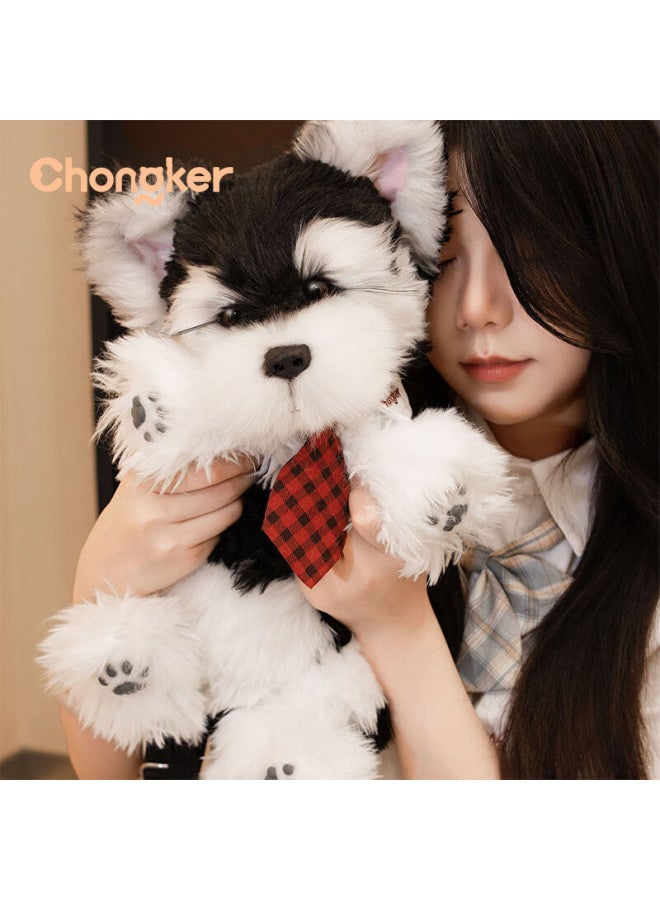 Chongker Chongke Dog Backpack Realistic Plush Toy Stuffed Animal Birthday New Year Gift, Black And Silver Schnauzer + Red Plaid Tie - Image 2