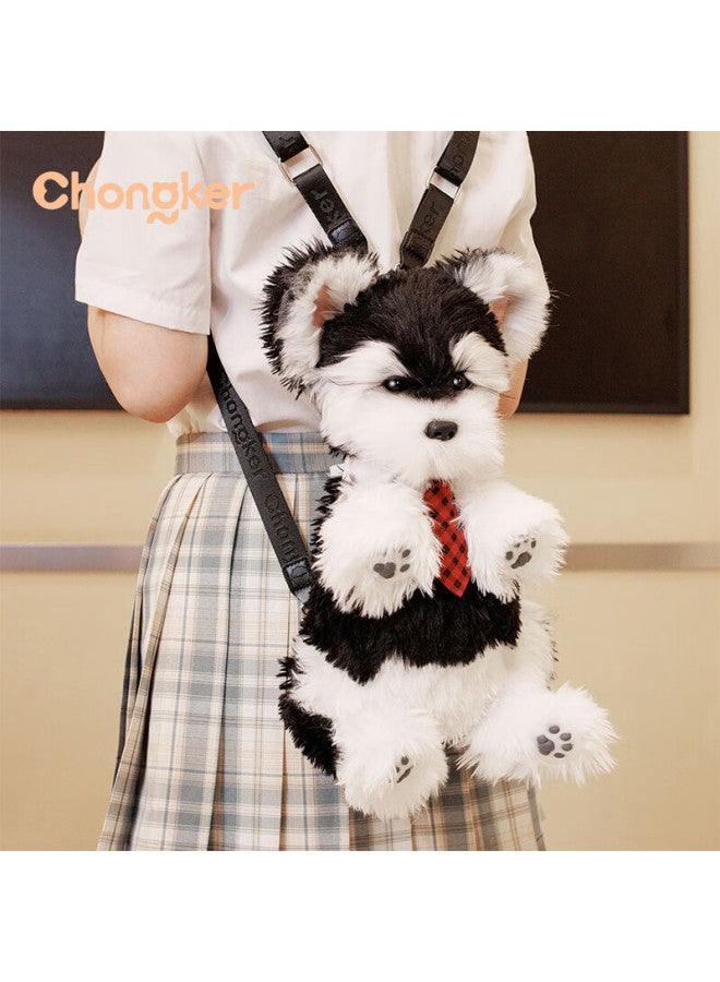 Chongker Chongke Dog Backpack Realistic Plush Toy Stuffed Animal Birthday New Year Gift, Black And Silver Schnauzer + Red Plaid Tie - Image 1