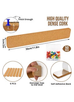 RATSAW Cork Board Strips 6 Pack Self Adhesive Cork Board Board Strips for Walls Self Adhesive Board Bar Strips Bulletin Board with 50 Push Pins for Paste Notes Photos Schedules  - Image 2