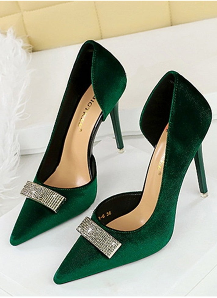 BIGTREE Women's Suede Closed Pointed Toe Stiletto Pump Rhinestone Square Buckle Decoration High Heels Green 10.5 CM  - Image 1