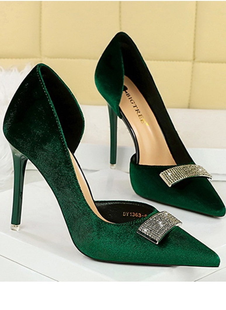 BIGTREE Women's Suede Closed Pointed Toe Stiletto Pump Rhinestone Square Buckle Decoration High Heels Green 10.5 CM  - Image 2