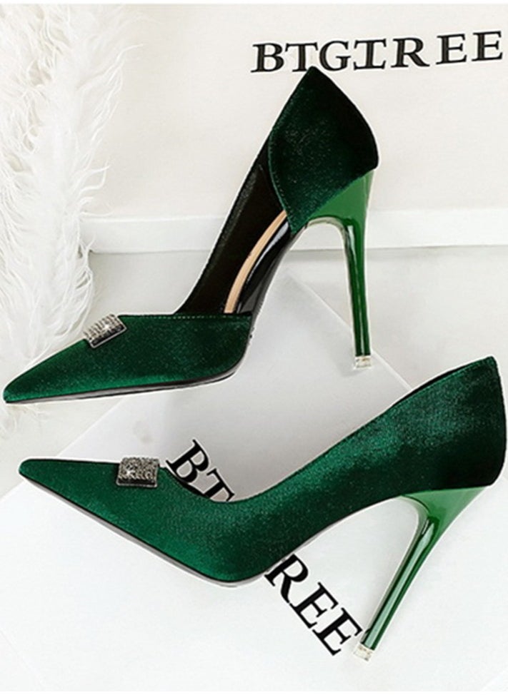 BIGTREE Women's Suede Closed Pointed Toe Stiletto Pump Rhinestone Square Buckle Decoration High Heels Green 10.5 CM  - Image 3