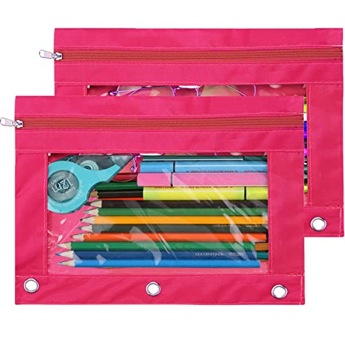 TOPWOOZU Pencil Pouch 3 Ring, Zipper Pencil Pouches Case Binder Cosmetic Bag Hot Pink 2 Pack - Image 1
