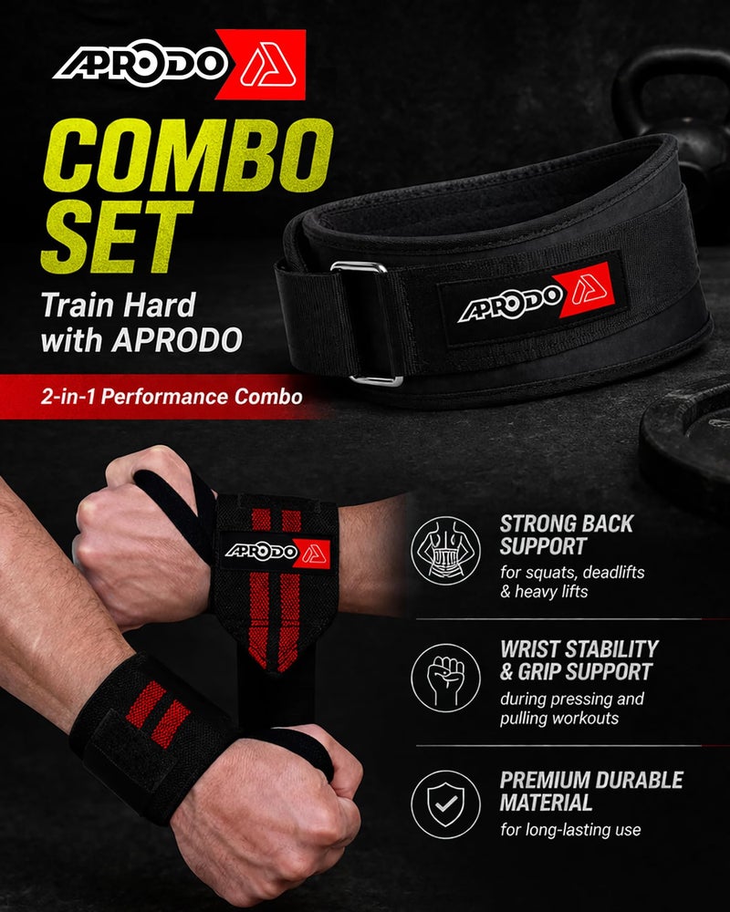 APRODO Fitness Combo Weight Lifting Belt Back Support 4.5 Inch Wide with Extra Premium Wrist Support 1 Pair for Men and Women (BLACK RED COMBO, Medium 32'' - 36'') - Image 2