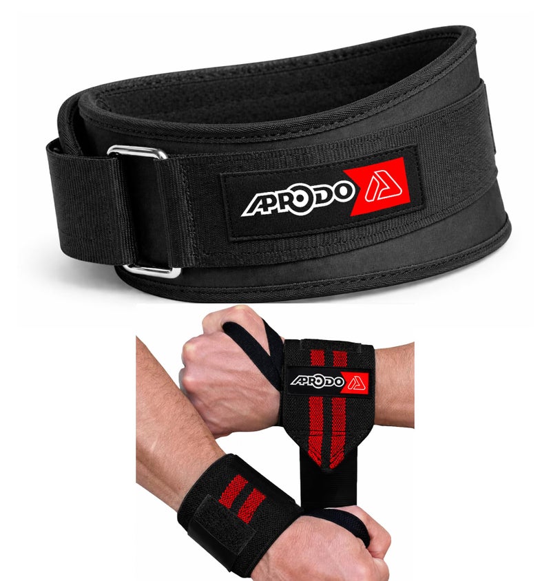 APRODO Fitness Combo Weight Lifting Belt Back Support 4.5 Inch Wide with Extra Premium Wrist Support 1 Pair for Men and Women (BLACK RED COMBO, Medium 32'' - 36'') - Image 1