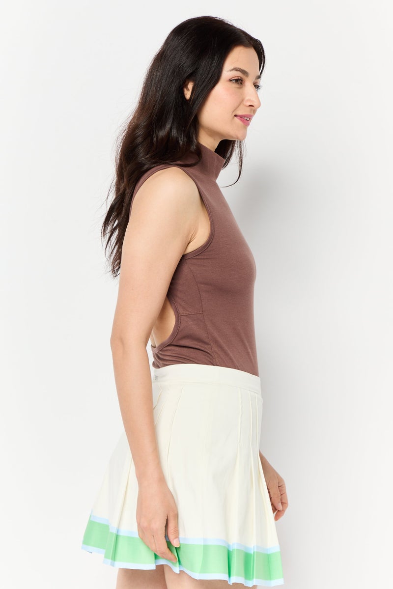 Amber x Public Desire Women Mock Neck Printed Sleeveless Bodysuits, Bitter Choco  - Image 3