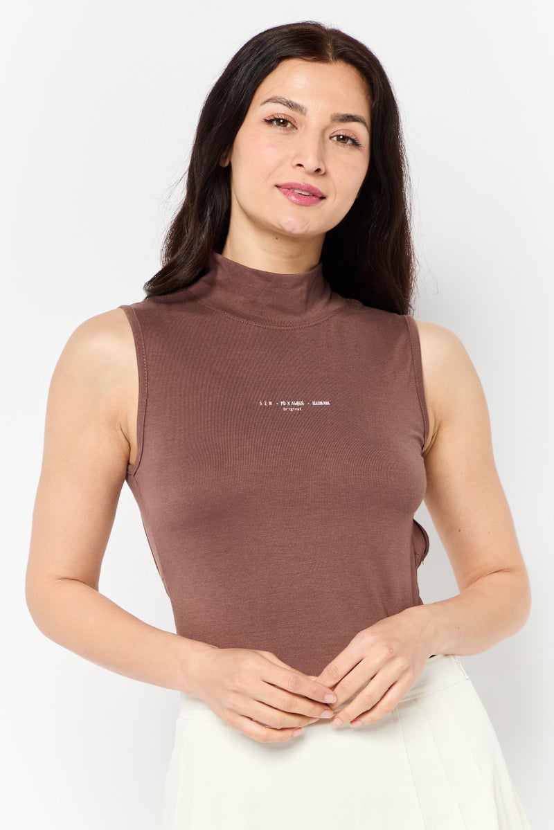 Amber x Public Desire Women Mock Neck Printed Sleeveless Bodysuits, Bitter Choco  - Image 1