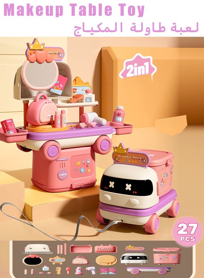2 In 1 Makeup Table Toy, Pretend Play Toys for Kids, Toddler Vanity Set, Vanity & Suitcase Set with Fashion Accessories, Multifunctional Storage Suitcase Beauty Set, Mobile Makeup Vehicle,Girl Makeup Playsets, Kids Beauty Toy,  Toddler Dress Up table Toys, Cosplay Playsets, Multifunctional Makeup Table Toy, Portable Makeup Table, birthday gifts for girls  - Image 1