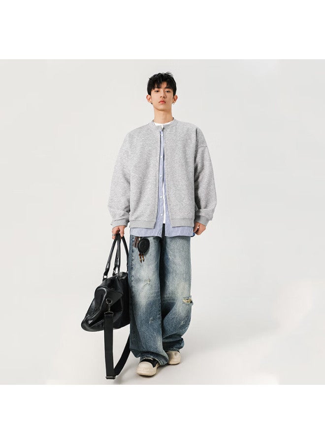 Dingfengbaoluo American Style Two-in-one Men's Sweatshirt Spring Fashion Casual Versatile Long Sleeve Jacket Cjy55 Light Gray 3XL - Image 3
