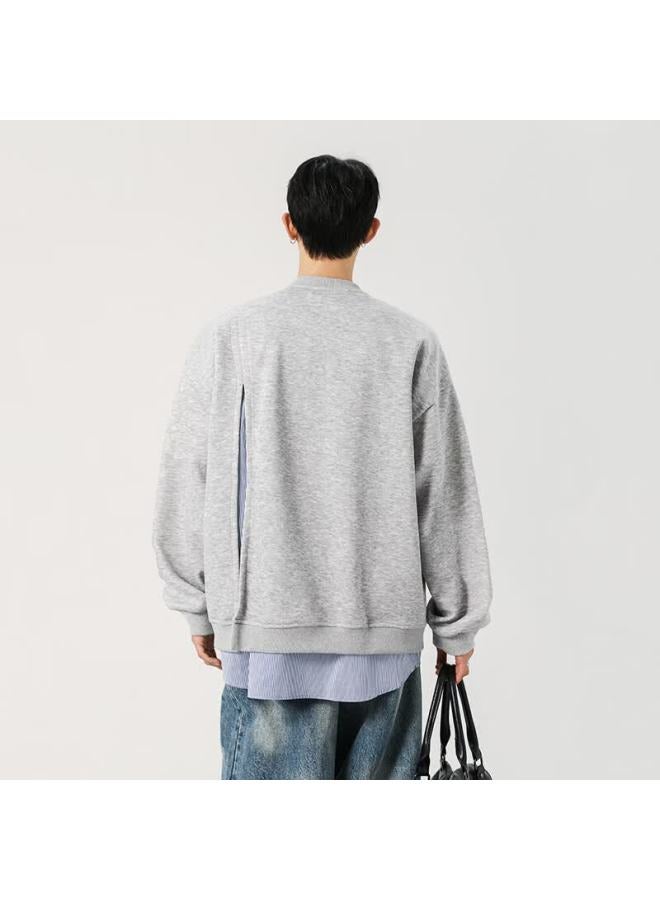 Dingfengbaoluo American Style Two-in-one Men's Sweatshirt Spring Fashion Casual Versatile Long Sleeve Jacket Cjy55 Light Gray 3XL - Image 5