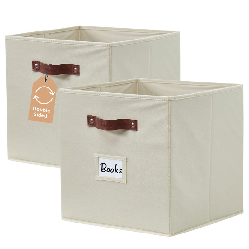 DECOMOMO Storage Bins, Cube Storage Bin with Labels, Fabric Storage Cubes for Shelves (10.5" x 11" / 2pcs, Beige) - Image 1