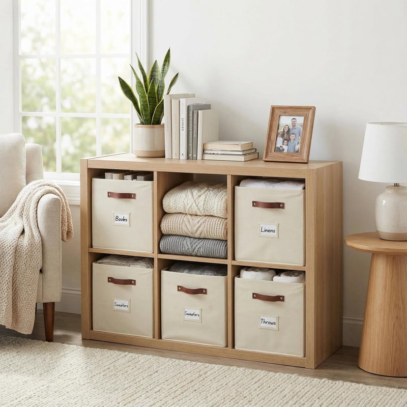 DECOMOMO Storage Bins, Cube Storage Bin with Labels, Fabric Storage Cubes for Shelves (10.5" x 11" / 2pcs, Beige) - Image 2