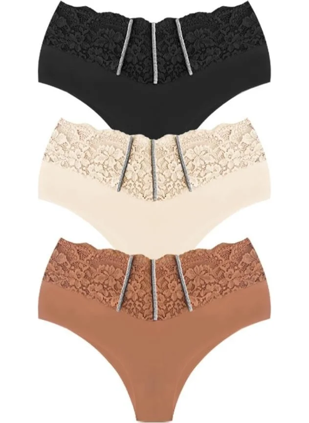 COTTONHILL Lace and Stone Detailed Laser Cut Plus Size Women's Bikini Panties 3-Pack