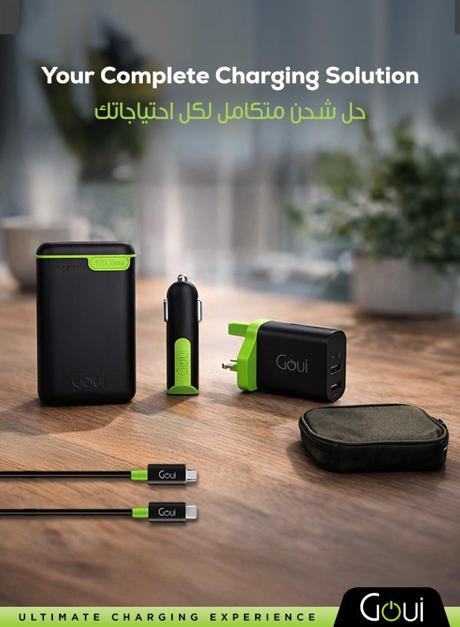 جوي بكج اليوم الوطني يحتوي على باور بانك كيقو بسعة 10,000 ملّي أمبير، و شاحن جداري ميني PD بقدرة 20 واط مع منفذي Type-C و USB-A مزدوجين، و شاحن سيارة فايبر مزوّد بمنفذي USB مزدوجين + كابل Micro، بالإضافة إلى كابلات كلاسيك (Type-C + Micro) و حقيبة ناعمة للتنظيم — حل الشحن المتكامل لتوفير الراحة أثناء التنقل مع شحن سريع و تنظيم مثالي - Image 2