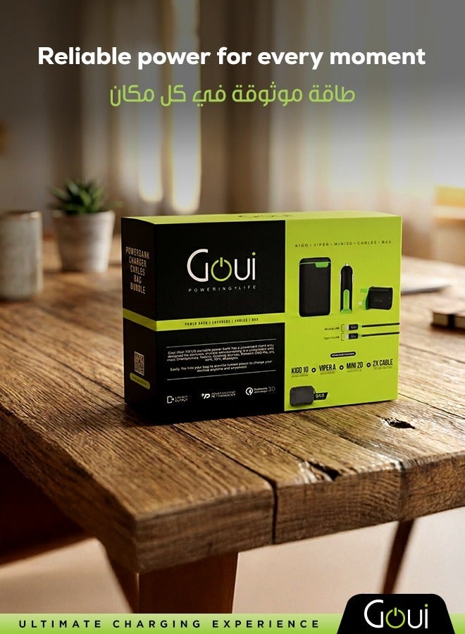 جوي بكج اليوم الوطني يحتوي على باور بانك كيقو بسعة 10,000 ملّي أمبير، و شاحن جداري ميني PD بقدرة 20 واط مع منفذي Type-C و USB-A مزدوجين، و شاحن سيارة فايبر مزوّد بمنفذي USB مزدوجين + كابل Micro، بالإضافة إلى كابلات كلاسيك (Type-C + Micro) و حقيبة ناعمة للتنظيم — حل الشحن المتكامل لتوفير الراحة أثناء التنقل مع شحن سريع و تنظيم مثالي - Image 3
