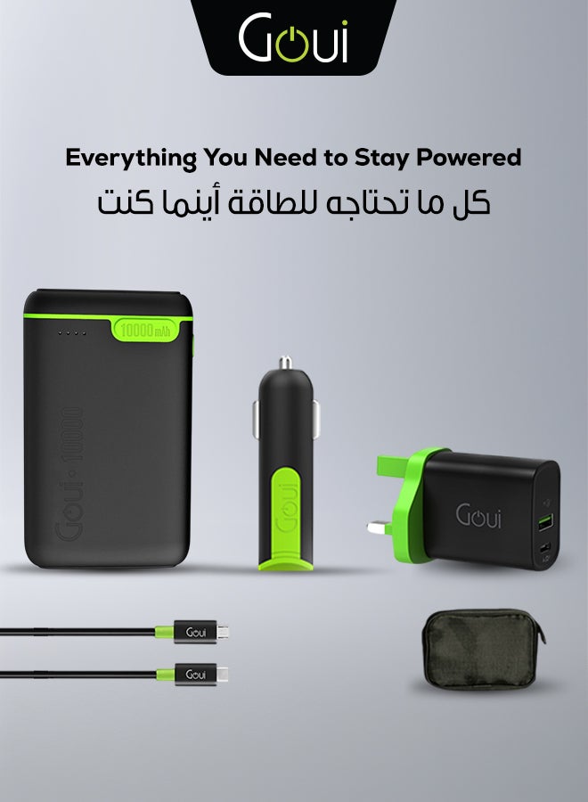 Goui National Day Package Includes Kigo 10, 000mAh Power Bank, Mini PD 20W Type-C & USB-A Dual-Port Wall Charger, Viper Dual USB Port Car Charger with Micro Cable, Classic (Type-C + Micro) Cables & Soft Bag – Ultimate Mobile Charging Solution for On-the-Go Convenience, Fast Charging, and Seamless Organization Black - Image 1