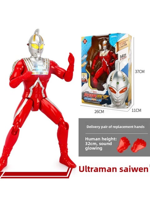 Ultraman Toy Doll Full Series Large Super Large Ultraman Telo Transfiguration Figure Suit Soft Glue Monster-Color:Upgraded Version Of Sound And Light Saiwen 32cm (comes With A Pair Of Replacement Hands) 16 Movable Joints