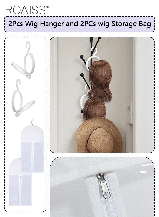 roaiss 2Pcs Wig Hanger and 2Pcs Wig Storage Bag Set, Hanging Stackable Wig Storage Stand and Portable Durable Zipper Transparent Window Reusable Protective Wig Storage Bag for Store Wig Save space  - Image 1