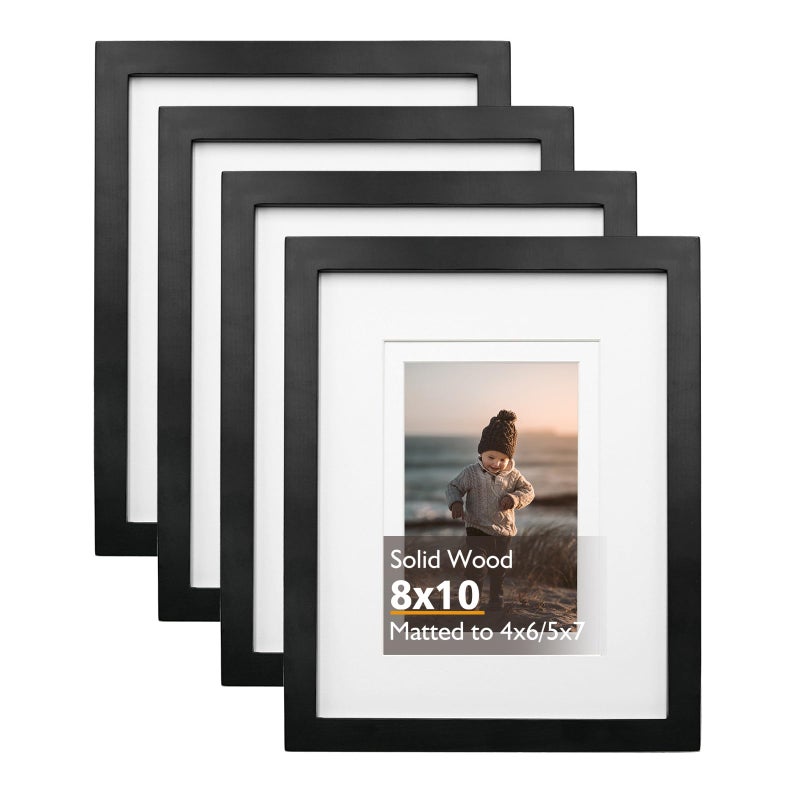 KINLINK 8x10 Picture Frame Black Solid Wood Frames with Acrylic Plexiglass for Pictures 4x65x7 with Mat or 8x10 without Mat Tabletop and Wall Display Photo Frame Set of 4