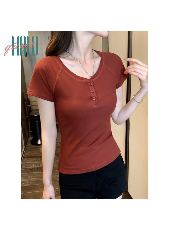 HALOQUEEN Halo Queen Women's Short-sleeve V-neck T-shirt Style, Regular Shoulder, Waist-cinching, Slimming, Retro Summer Short-sleeve Top H52t045 - Image 4