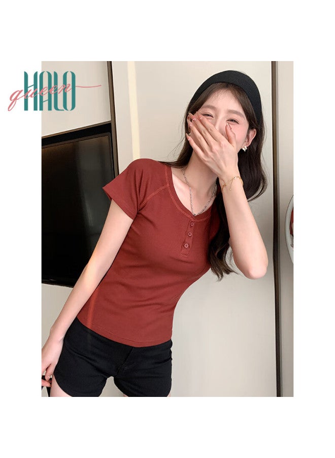 HALOQUEEN Halo Queen Women's Short-sleeve V-neck T-shirt Style, Regular Shoulder, Waist-cinching, Slimming, Retro Summer Short-sleeve Top H52t045 - Image 2