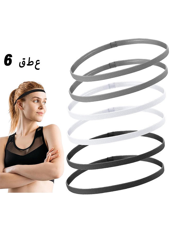 Depend 6 Pieces Thin Non-Slip Elastic Sport Headbands Mini Headbands For Men Women Slim Basketball Yoga Head Bands For Soccer, Workout, Running, Exercise, Volleyball (Black, White And Gray) - Image 1