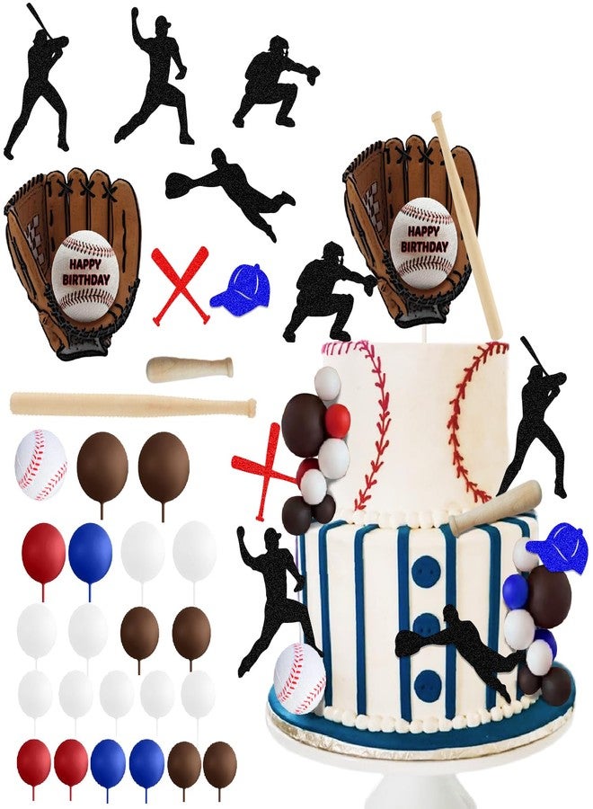 ChoJoy Baseball Cake Topper Baseball Birthday Decoration with Baseball Bat Baseball Glove Baseball Player Red Blue Brown White balls for Baseball Themed Birthday Party - Image 1