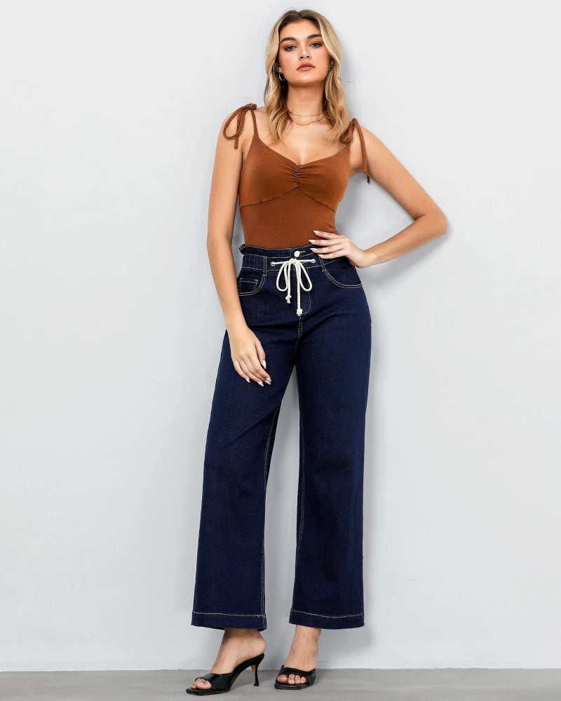 GRAPENT Women's High Waisted Mom Jeans Wide Leg Flared Denim Jean Pants High Waist Paper Bag Jeans Color Rinse Blue Medium Size 8-10 - Image 4