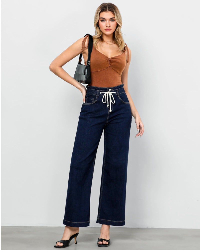 GRAPENT Women's High Waisted Mom Jeans Wide Leg Flared Denim Jean Pants High Waist Paper Bag Jeans Color Rinse Blue Medium Size 8-10 - Image 3